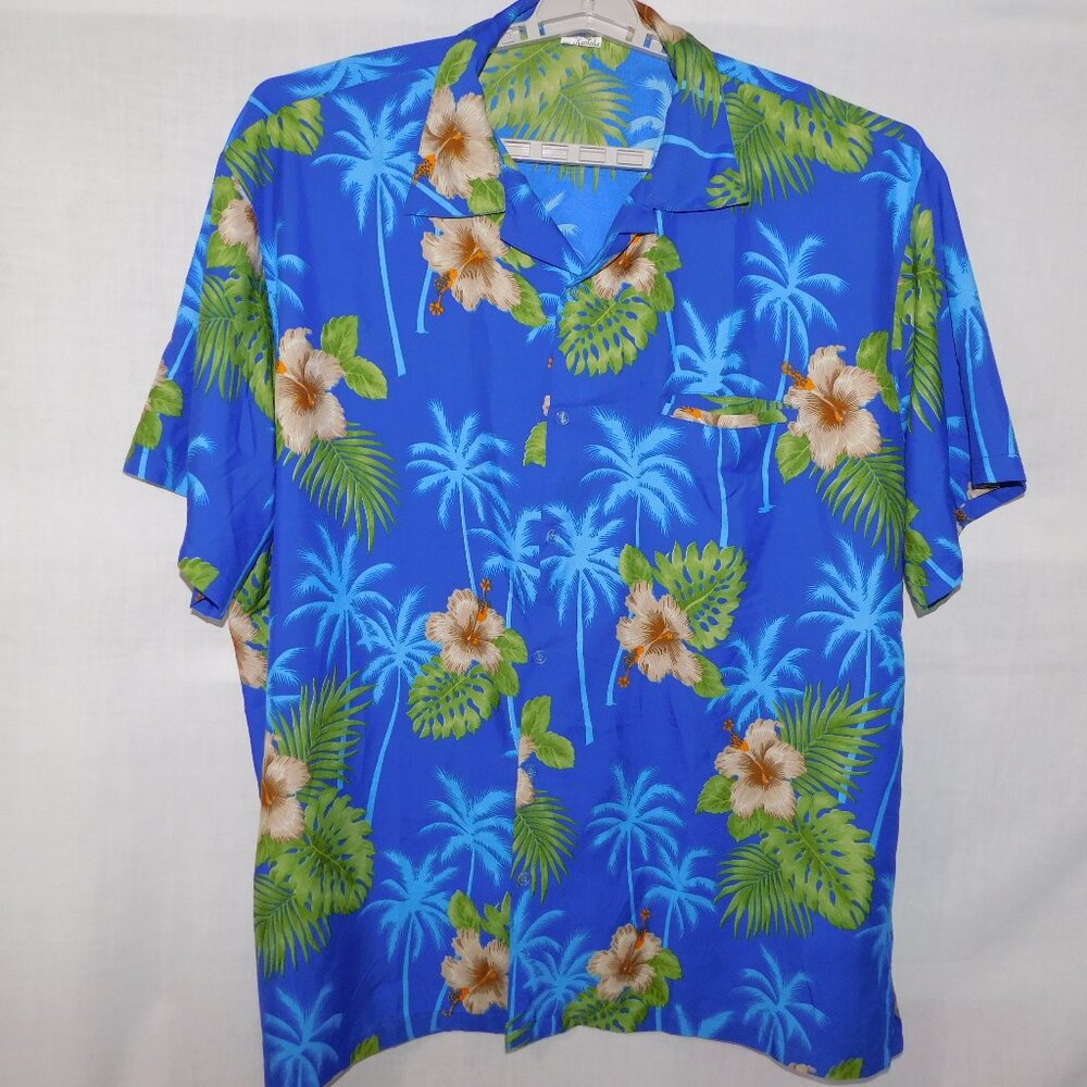 King Kameha Mens 3XL Blue Palm Trees Brown Hibiscus Hawaiian Shirt